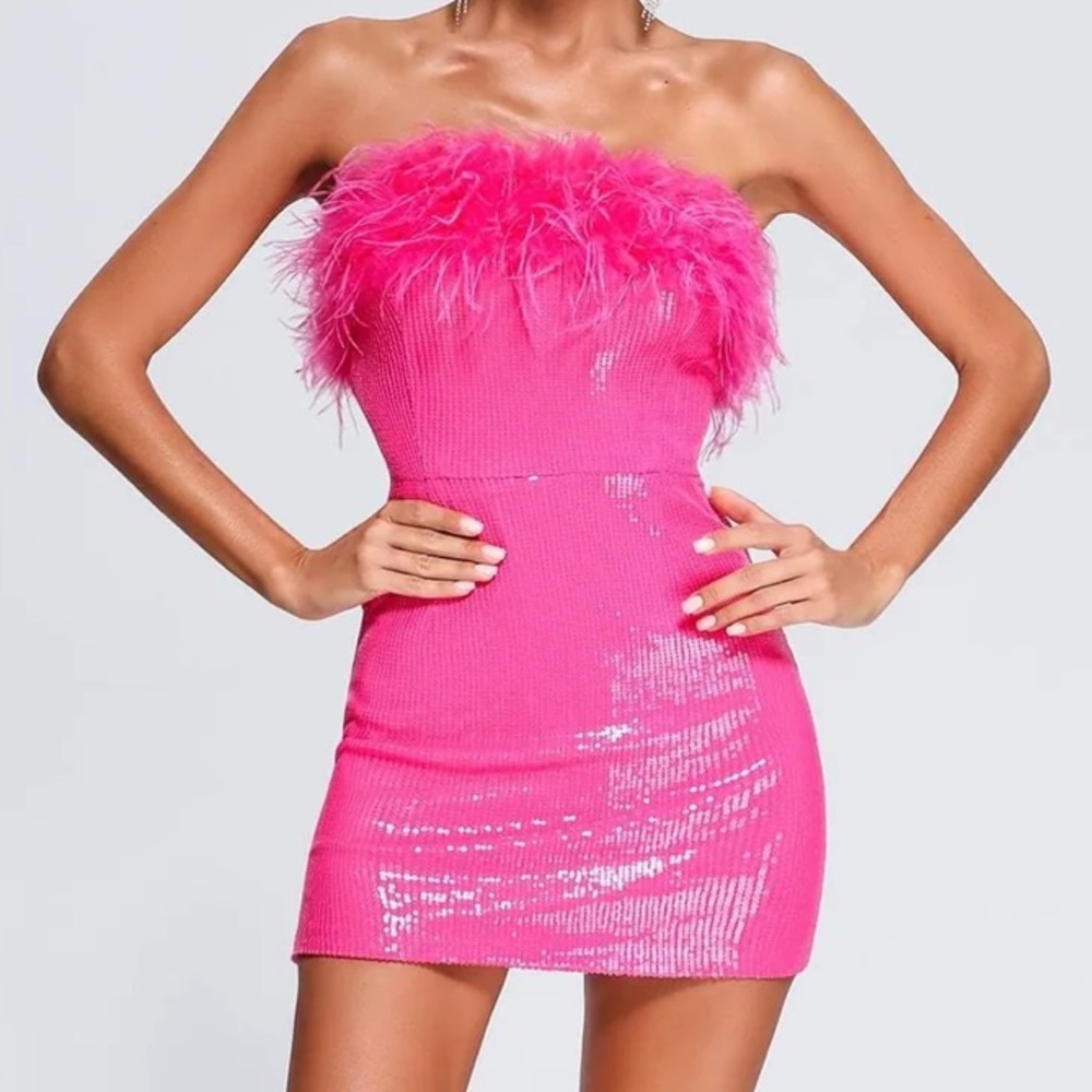 Hot Pink Sequin Feather Mini Dress